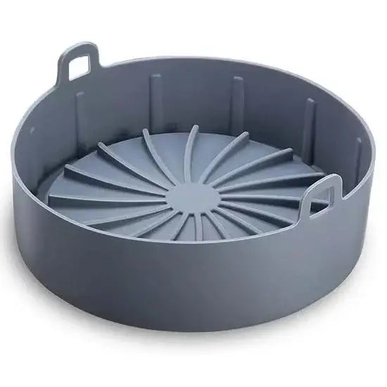 Gray round silicone air fryer basket with handles, premium kitchenware from Cookin Stores