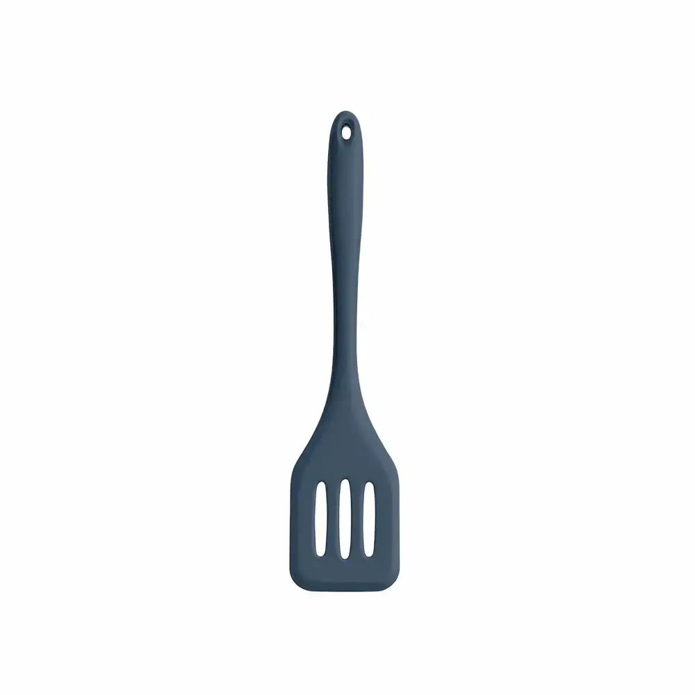 Gray slotted spatula on a white background