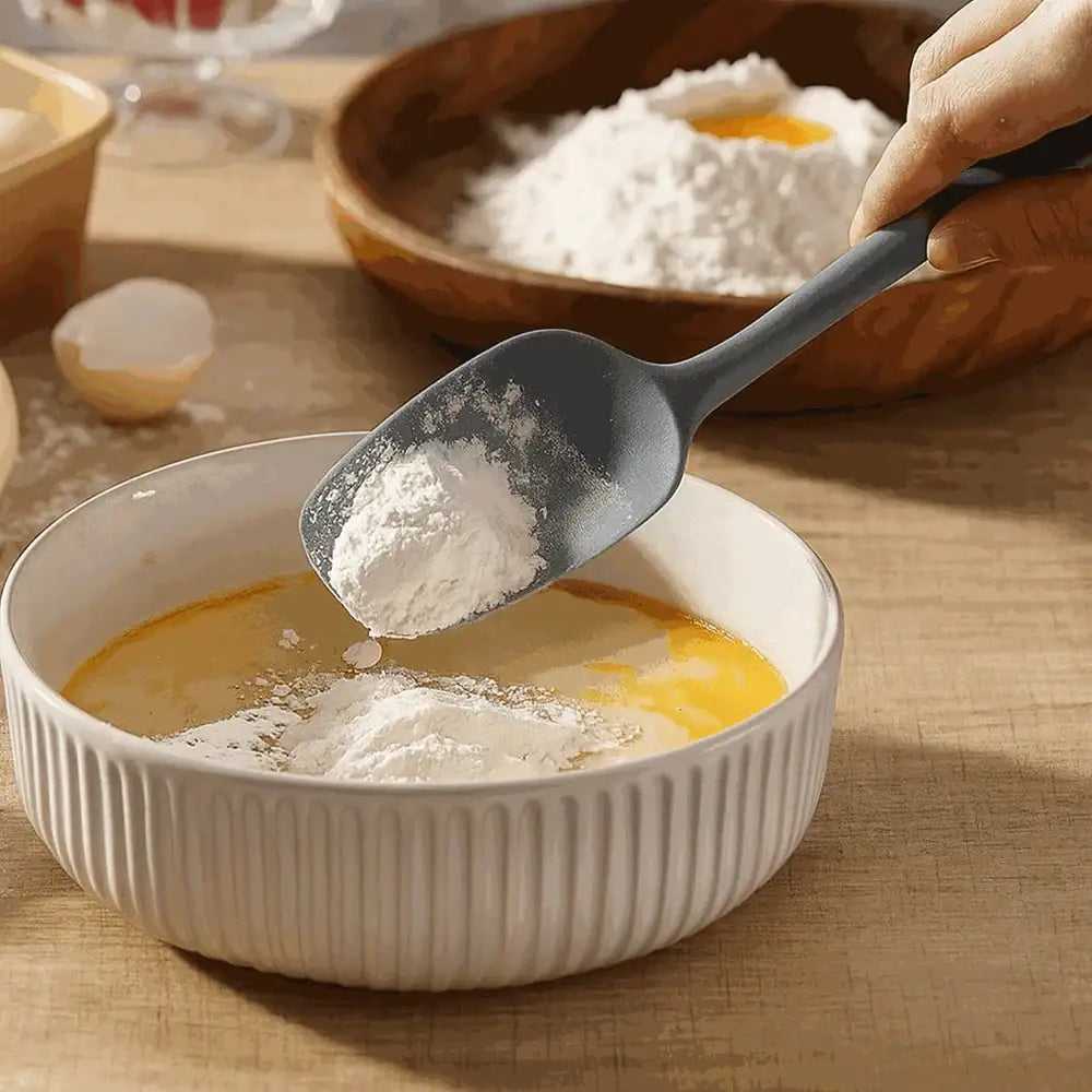 Person adding flour from a spoon into a bowl with eggs on a wooden surface