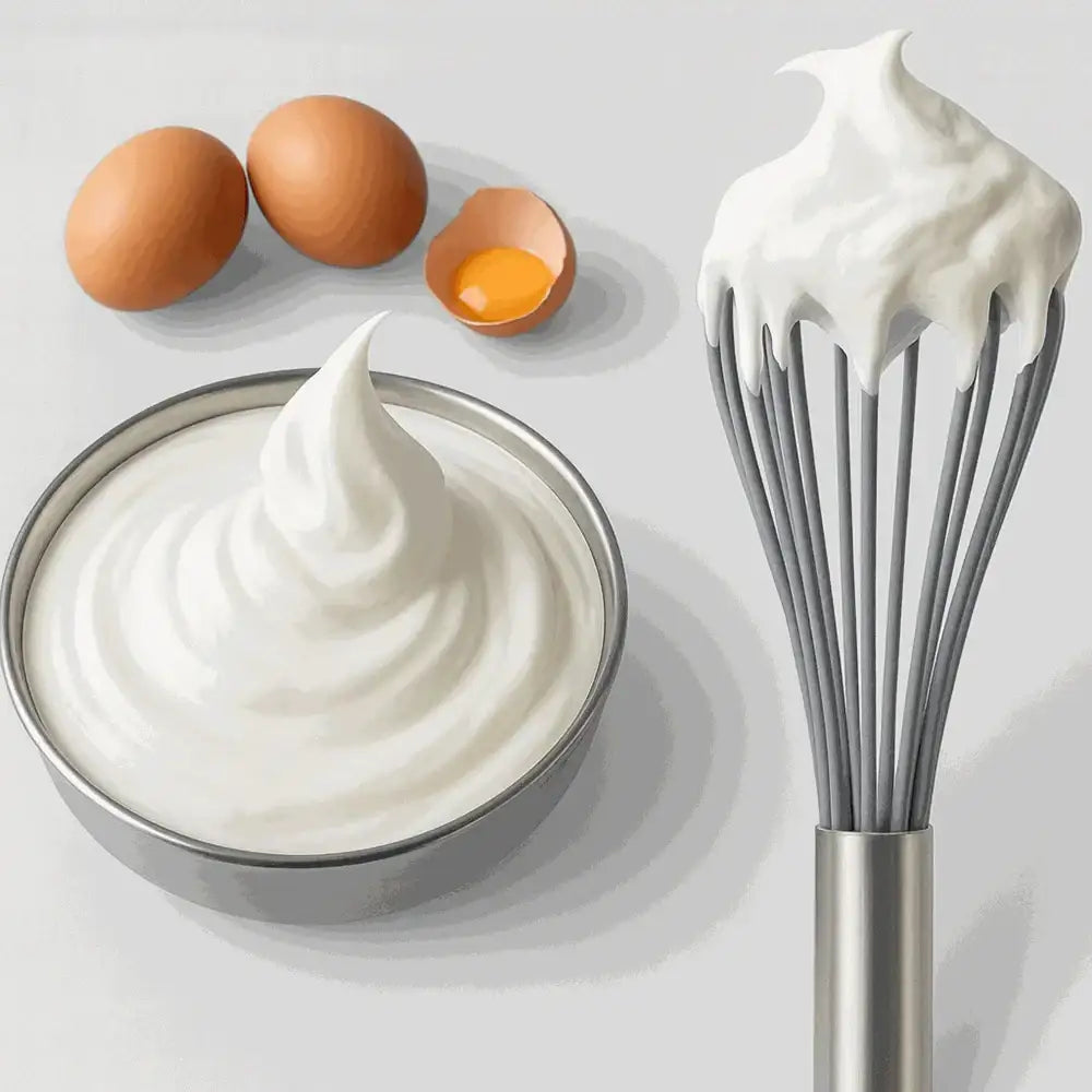 Grey silicone whisk with whipped cream in a bowl and brown eggs on a white surface