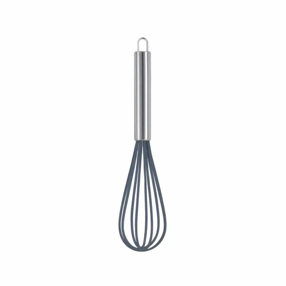 Gray whisk with metal handle on a white background