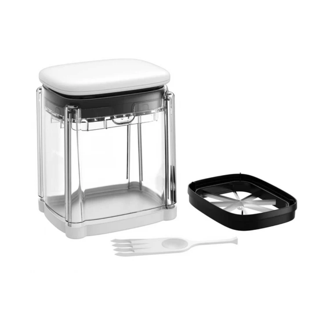 A modern kitchen chopper with a white cushioned top, a clear transparent body, and a black inner mechanism, shown against a plain white background.