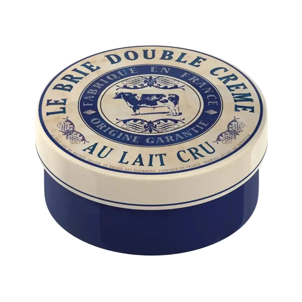Round blue and beige cheese ceramic cheese baker with 'Le Brie Double Creme' branding on a white background