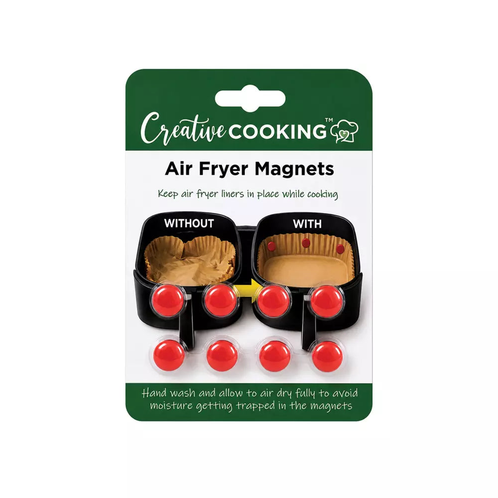 Creative Cooking Air Fryer Magnets in retail blister packaging, showing red circular magnets and a comparison graphic labeled 'WITHOUT' and 'WITH' for air fryer liner placement.