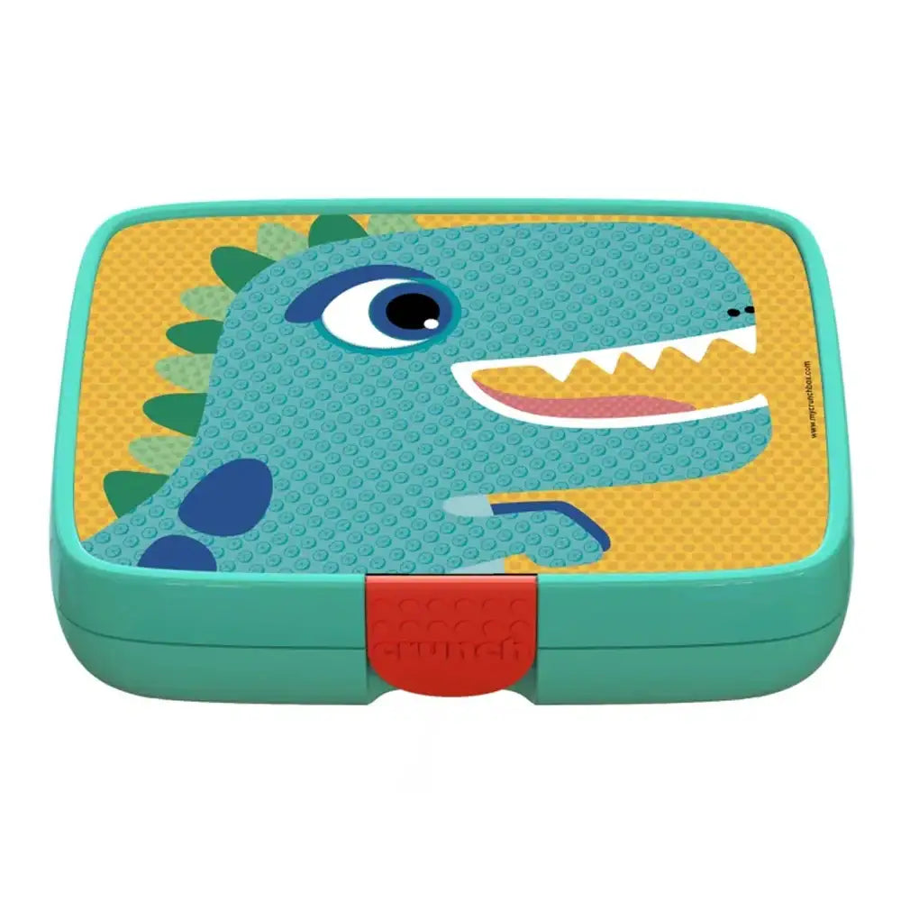 Dinosaur-themed lunch box with a red latch on a white background