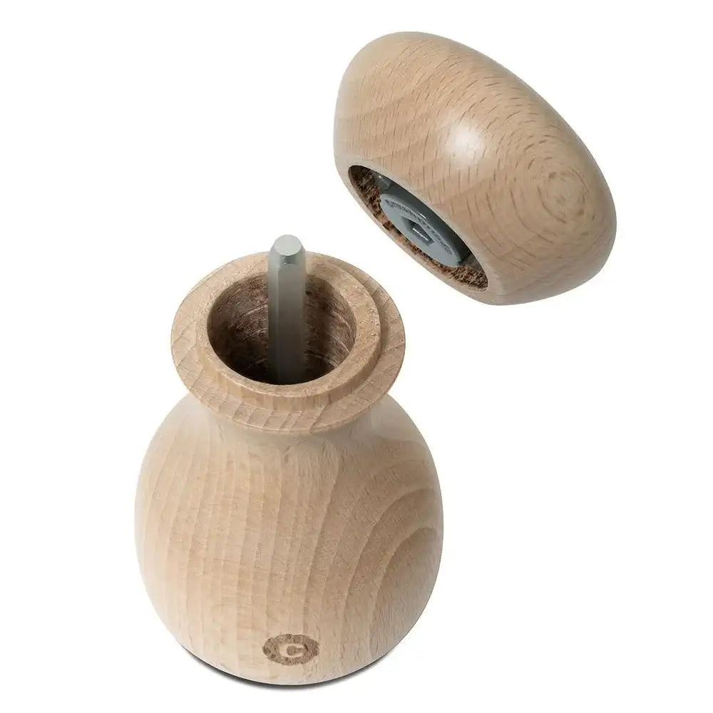Natural wood salt and pepper grinder with lid open, premium kitchenware at Cookin Stores