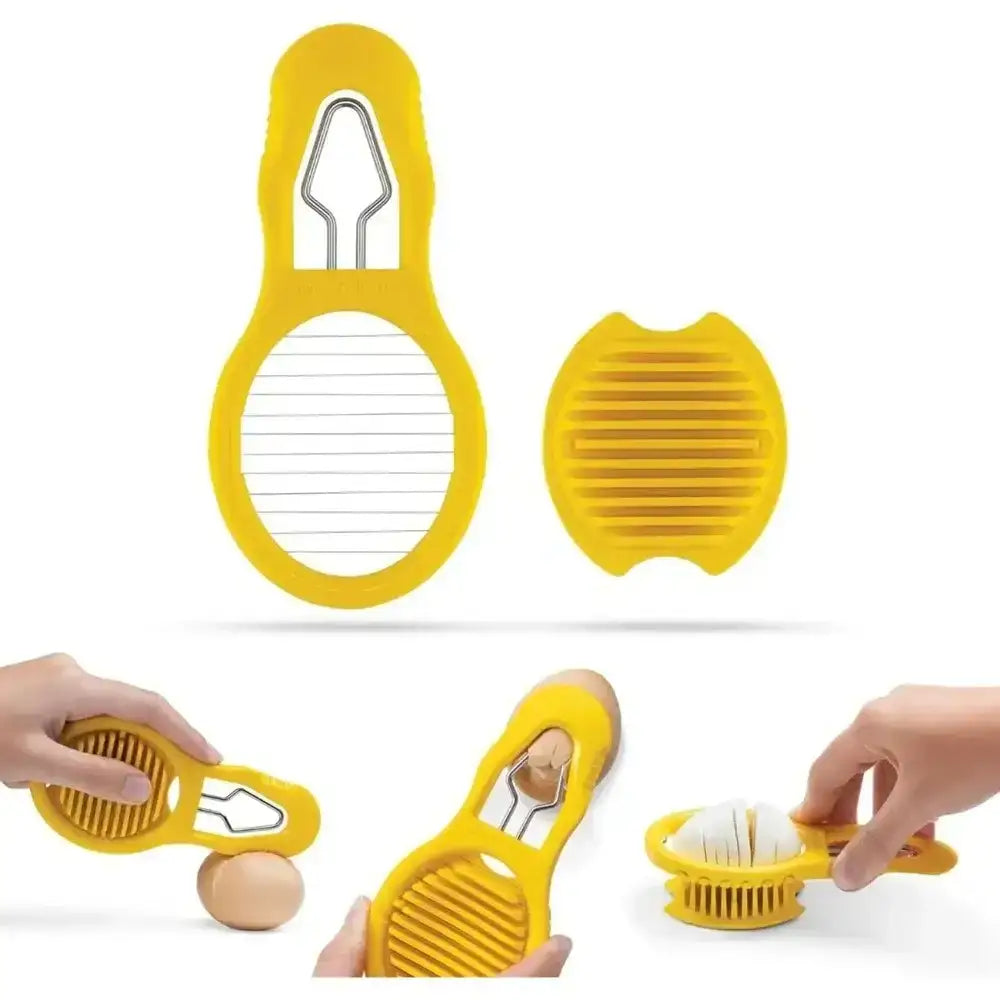 Yellow egg separator tool with a hand holding an egg on a white background