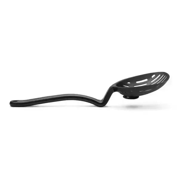 Black slotted spoon on a white background