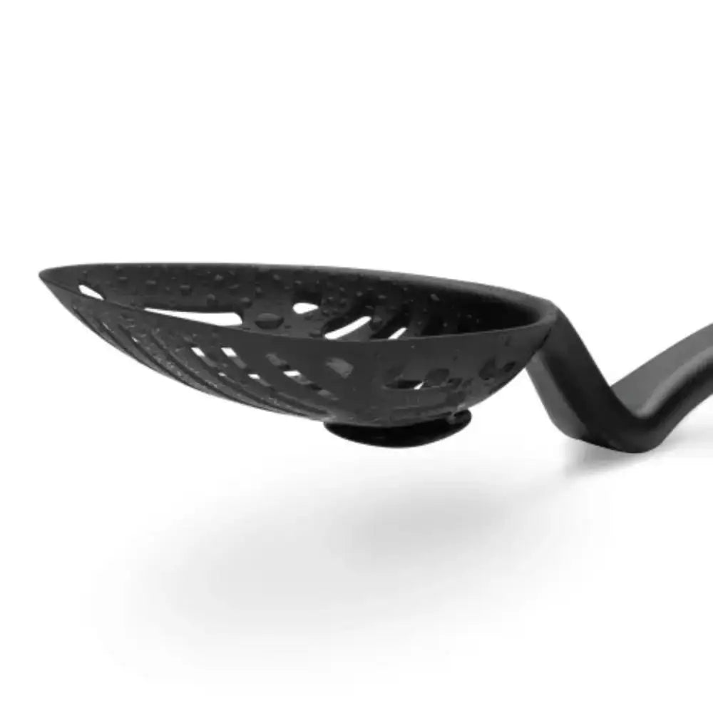 Black slotted spoon on a white background
