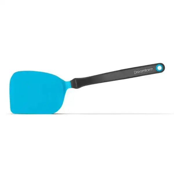 Blue spatula with black handle on a white background