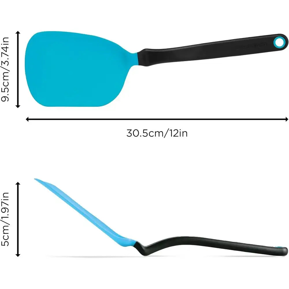 Blue spatula with black handle and measurements on a white background