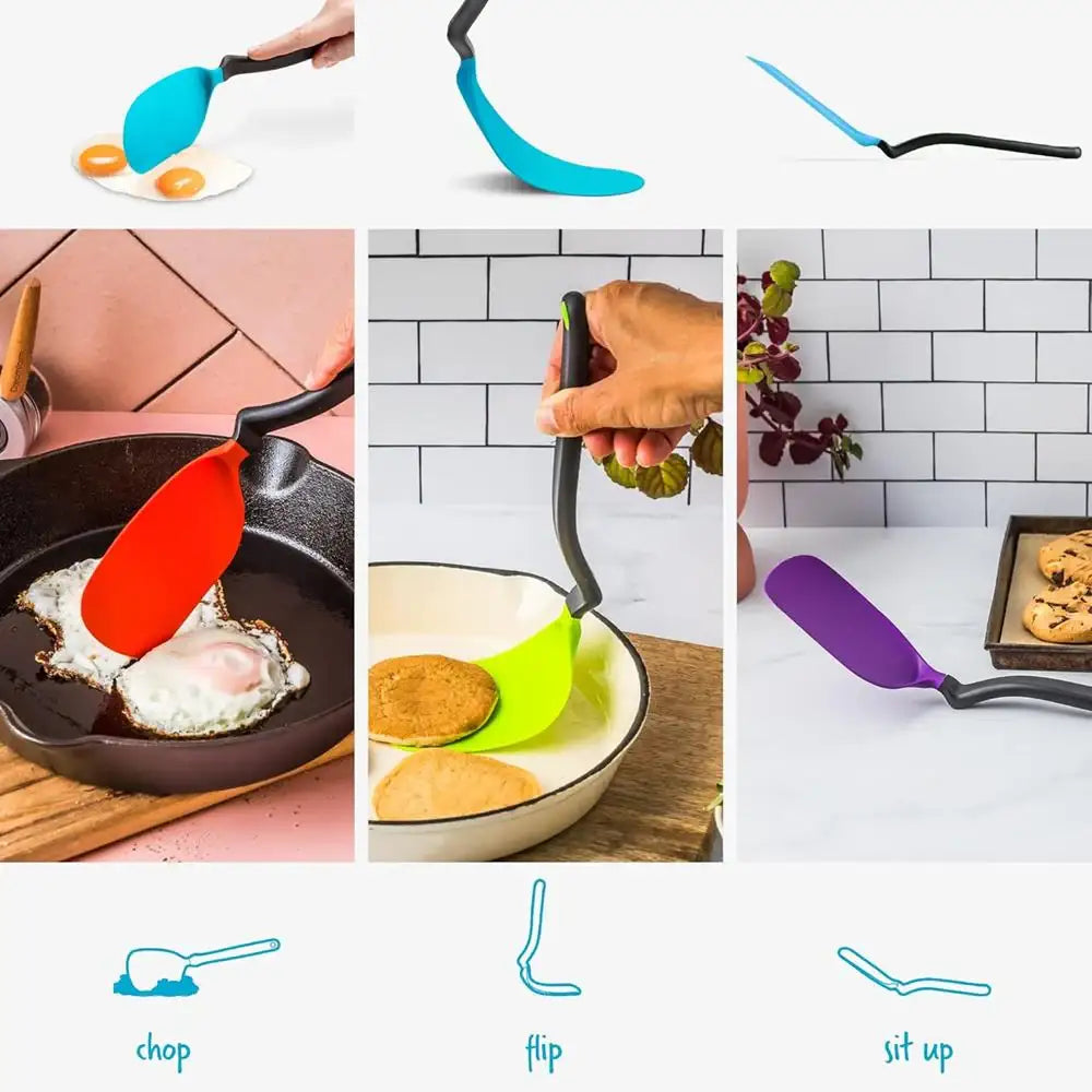 Colorful kitchen utensils used for cooking with icons below showing functions.