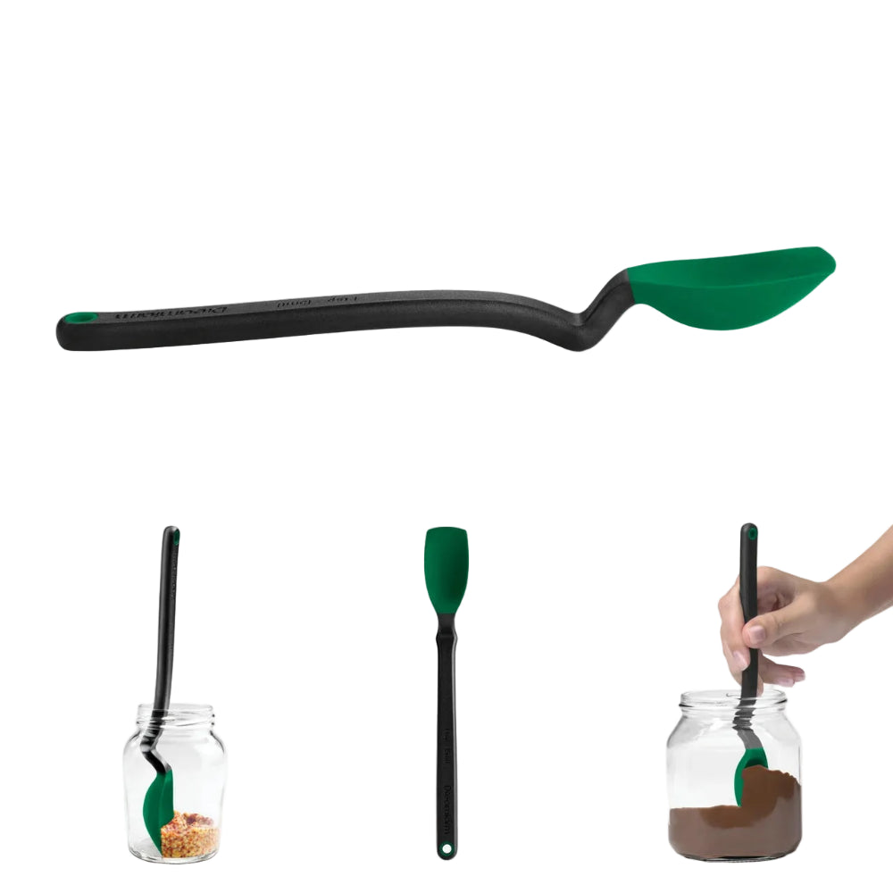 Green and black spoon-like tool being used to mix contents in jars on a white background