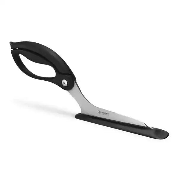 Black pizza scissors with ergonomic handle and stainless steel blades on white background