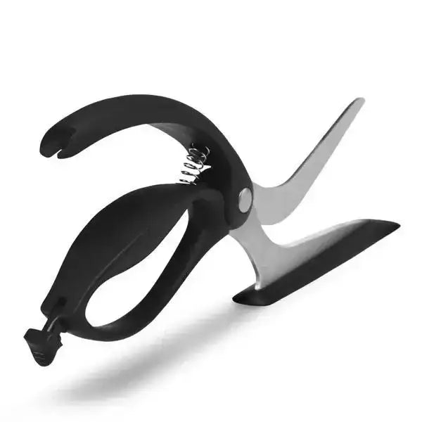 Black and stainless steel pizza scissors with ergonomic handle and built-in spatula