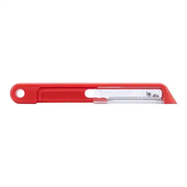 Red utility knife with a transparent blade on a white background