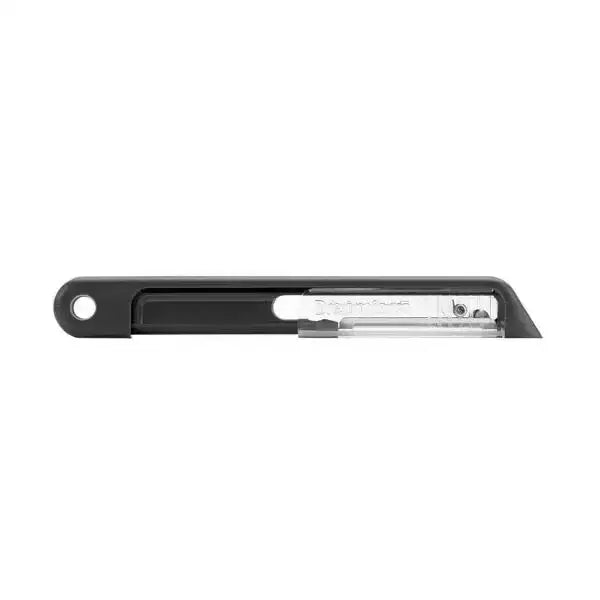Black utility knife with a blade on a white background