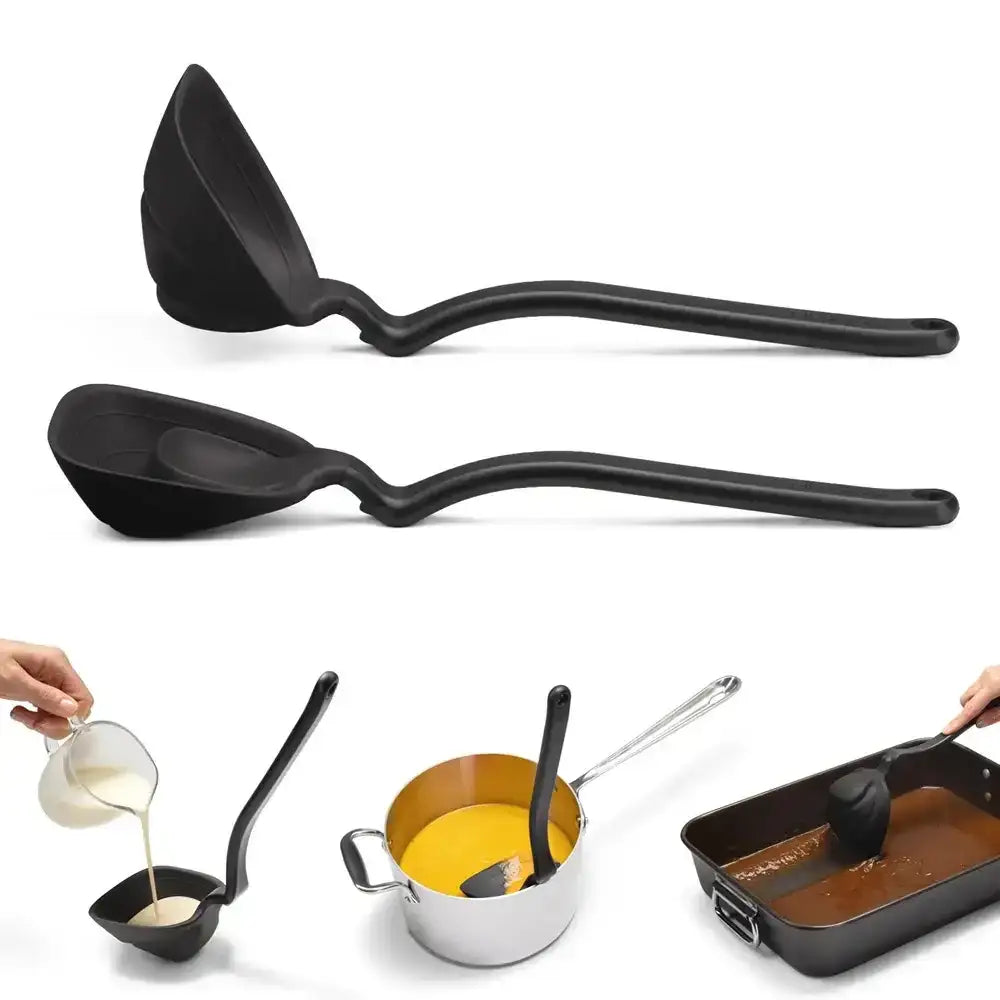 Black ladle shown from different angles with usage examples on a white background
