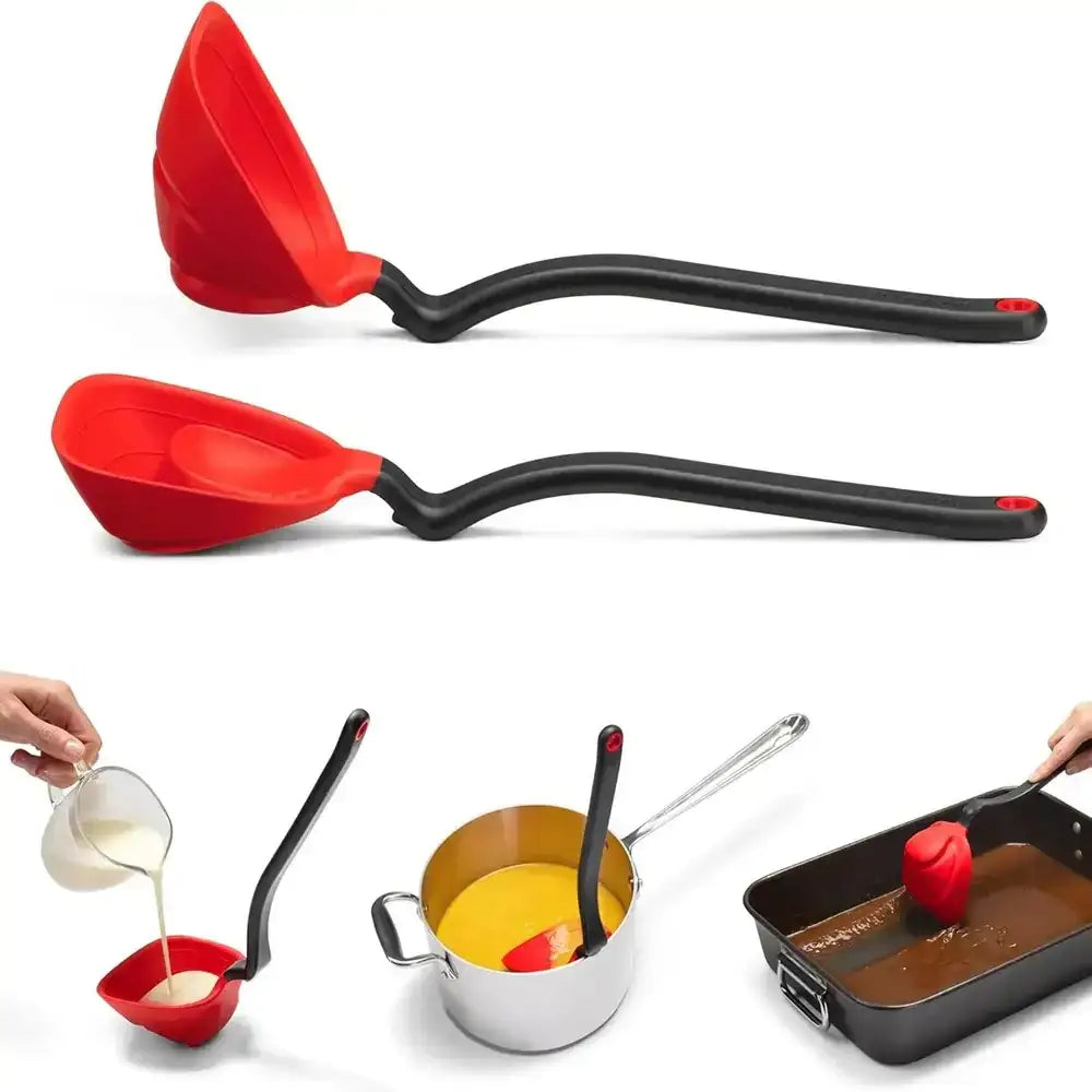 Red ladle with black handle used for various cooking tasks on a white background