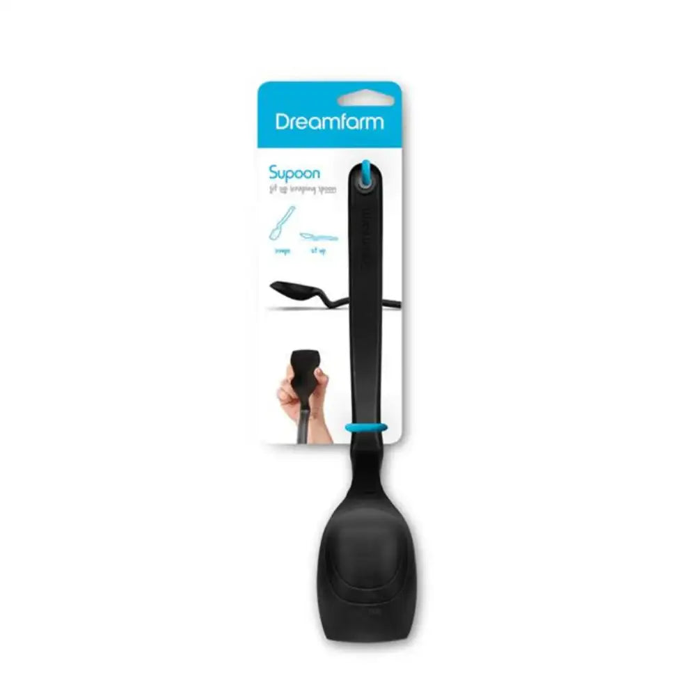 Black spatula with packaging labeled 'Dreamfarm' on a white background