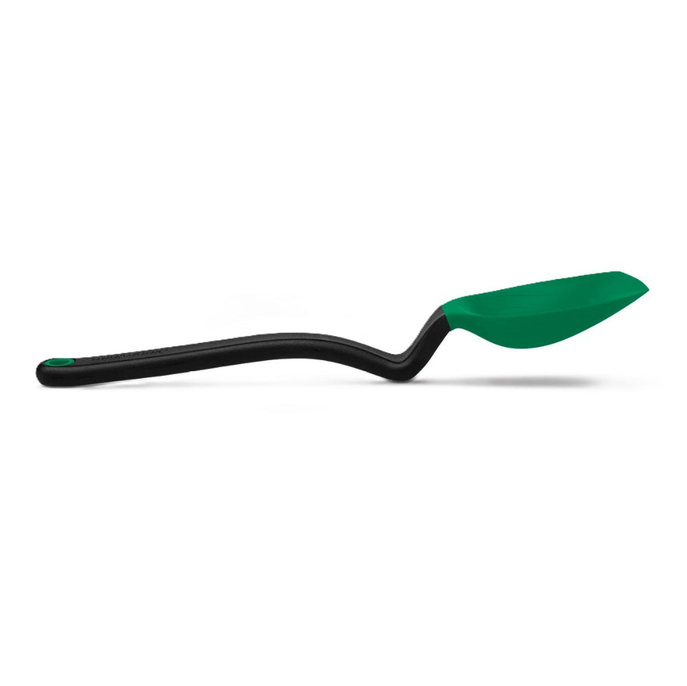 A green serving spoon with a black handle on a white background.