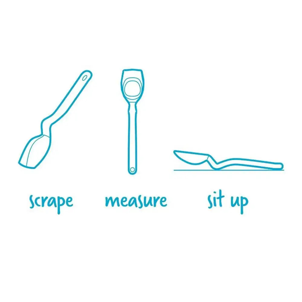 Three kitchen utensils with labels 'scrape', 'measure', and 'sit up' on a white background.
