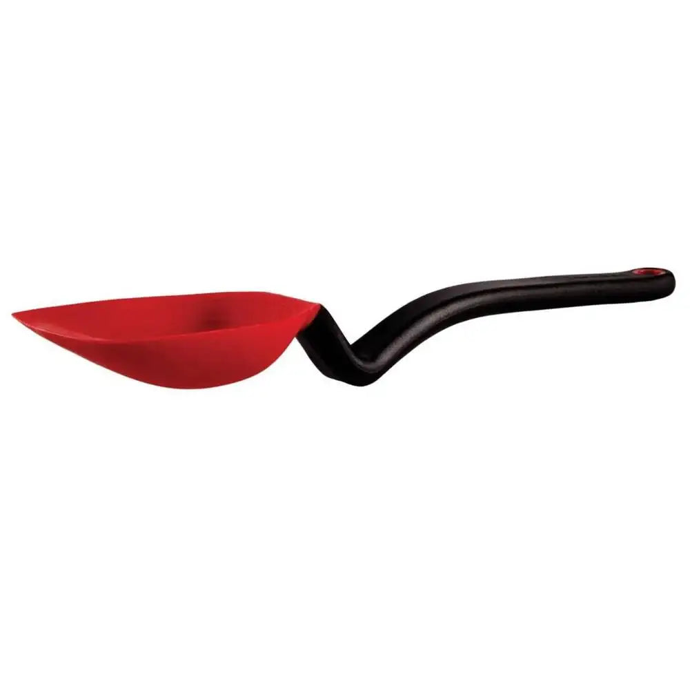 Red scoop with black handle on a white background