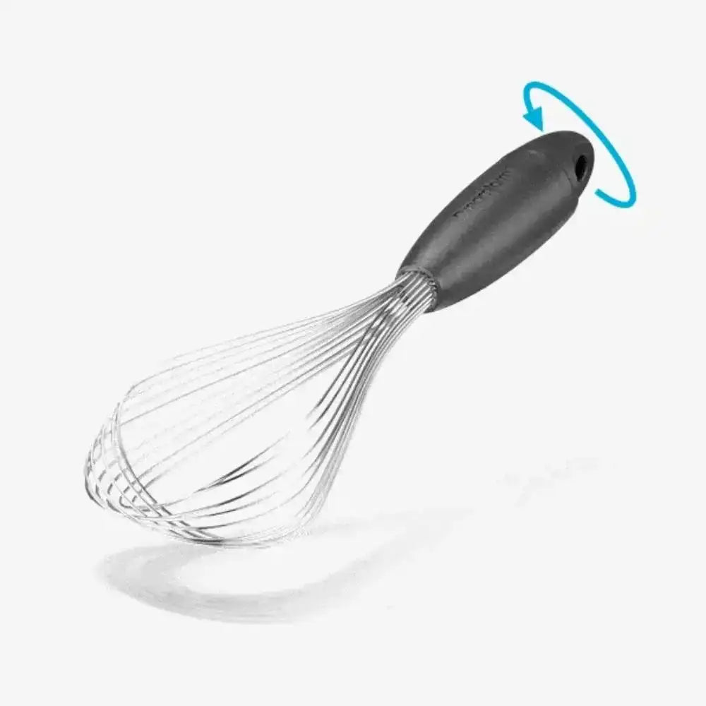 Black-handled whisk on a white background