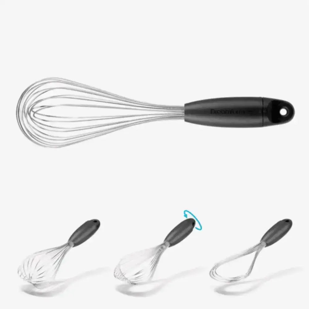 Black-handled whisk with interchangeable heads on a white background