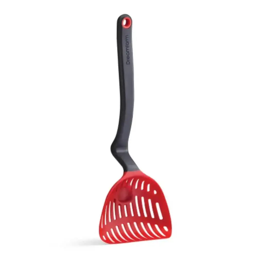 Red and black pet scoop on a white background