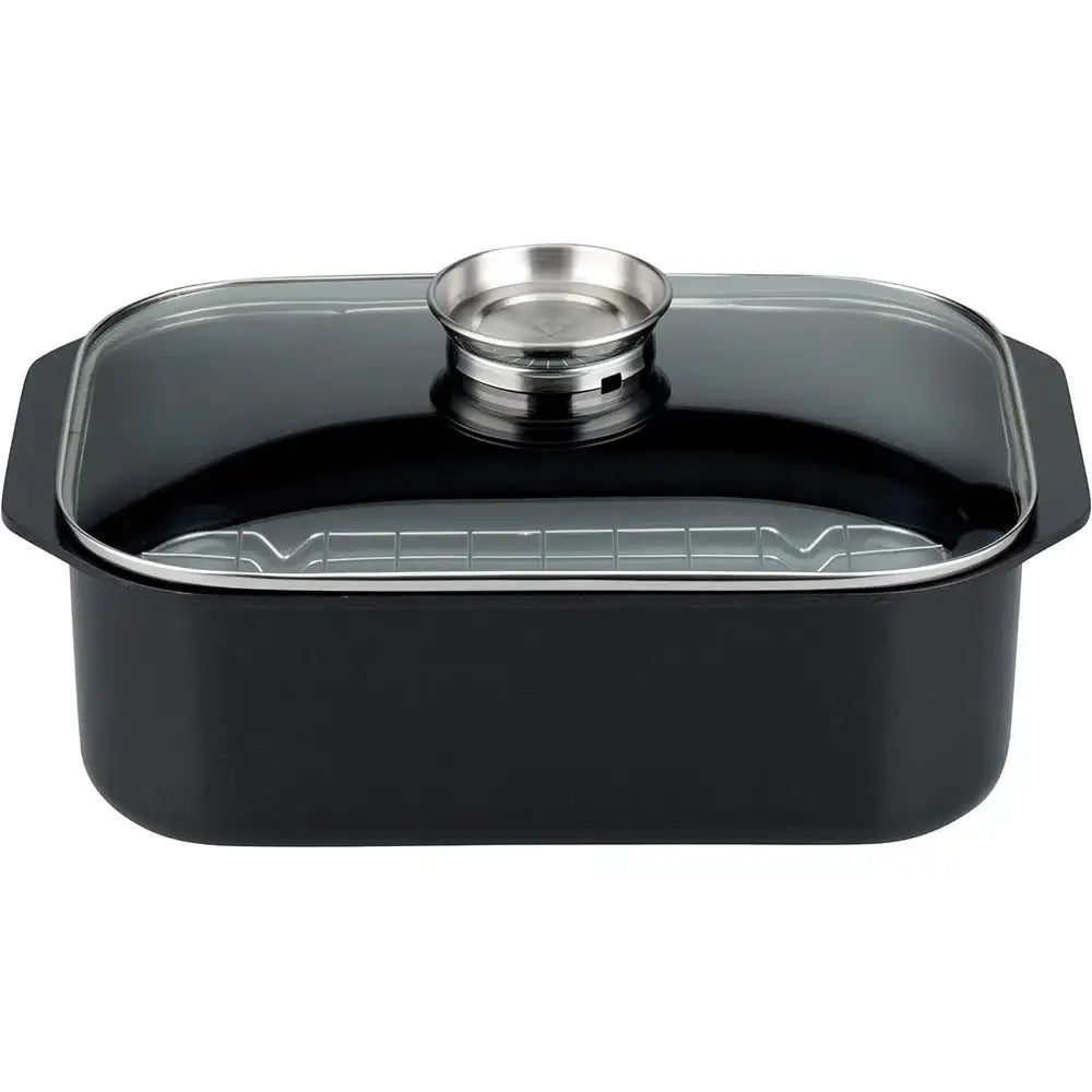 Black rectangular baking dish with a lid on a white background