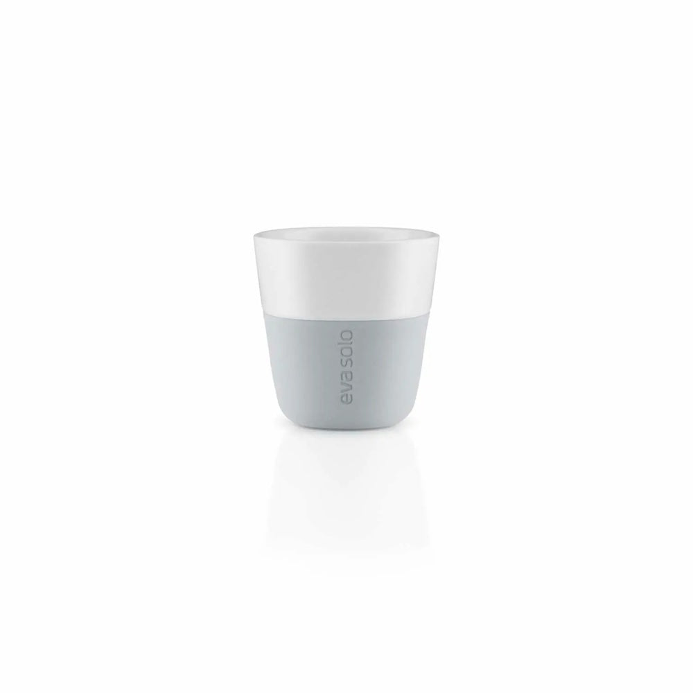 White and gray coffee cup on a white background.