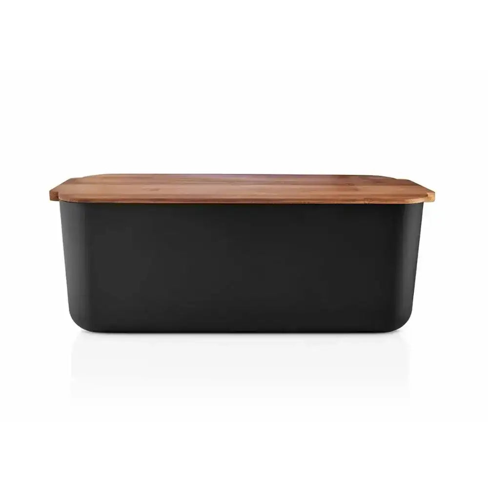 Black storage container with a wooden lid on a white background