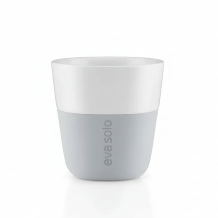 White and gray coffee cup on a white background.