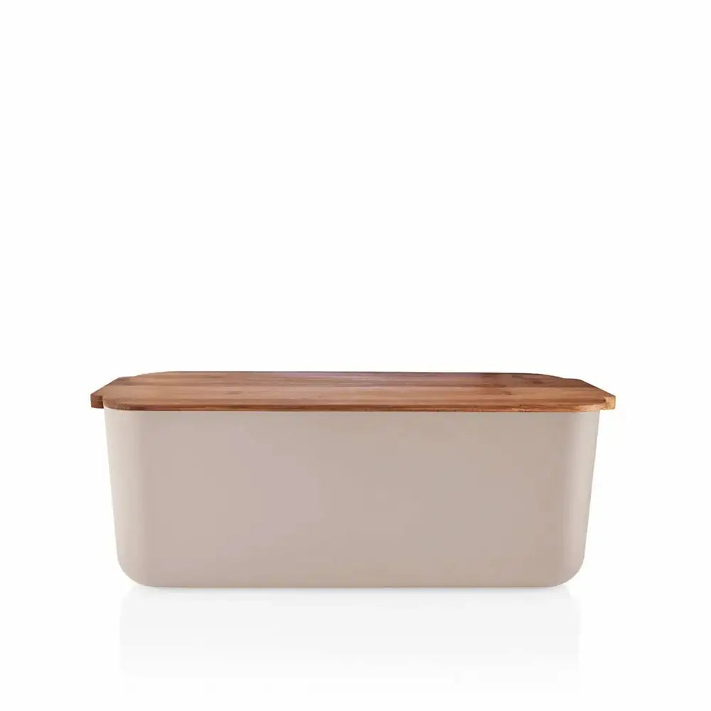 Rectangular bread storage container with a wooden lid on a white background