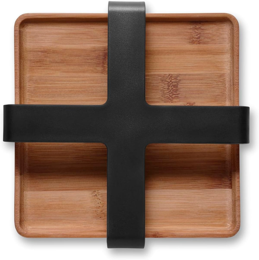 Wooden tray with black cross-shaped handle on a white background