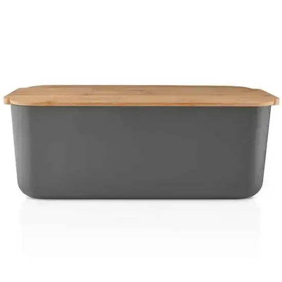 Gray storage container with a wooden lid on a white background