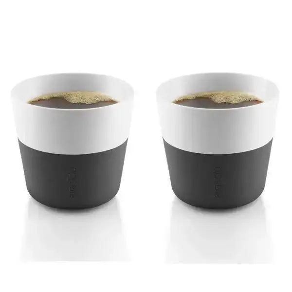 Set of two black and white ceramic coffee cups with coffee, premium drinkware at Cookin Stores