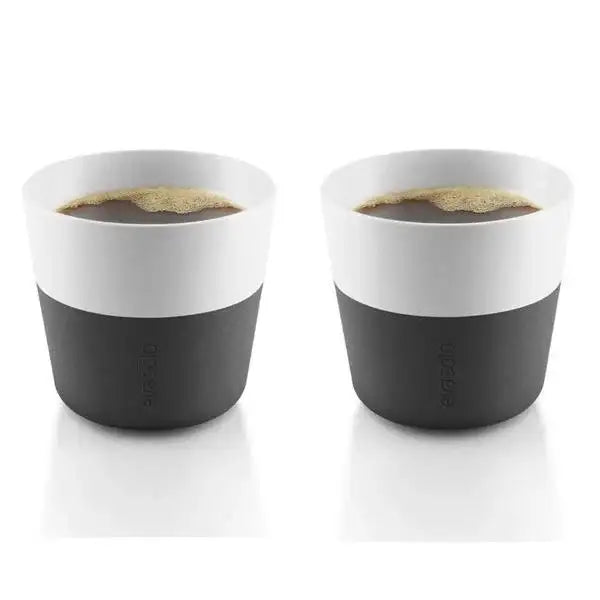 Set of two black and white ceramic coffee cups with coffee, premium drinkware at Cookin Stores
