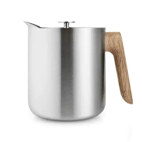 Stainless steel milk frothing pitcher with a wooden handle on a white background