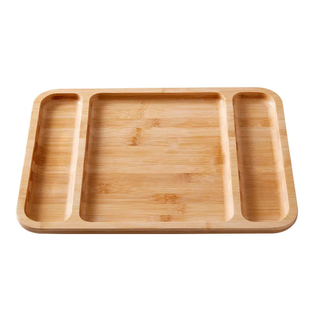 Wooden tray with three compartments on a white background