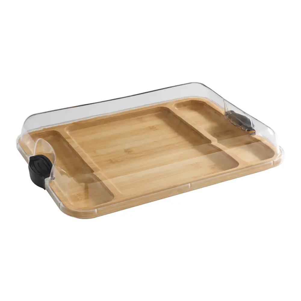 Wooden tray with a clear lid on a white background