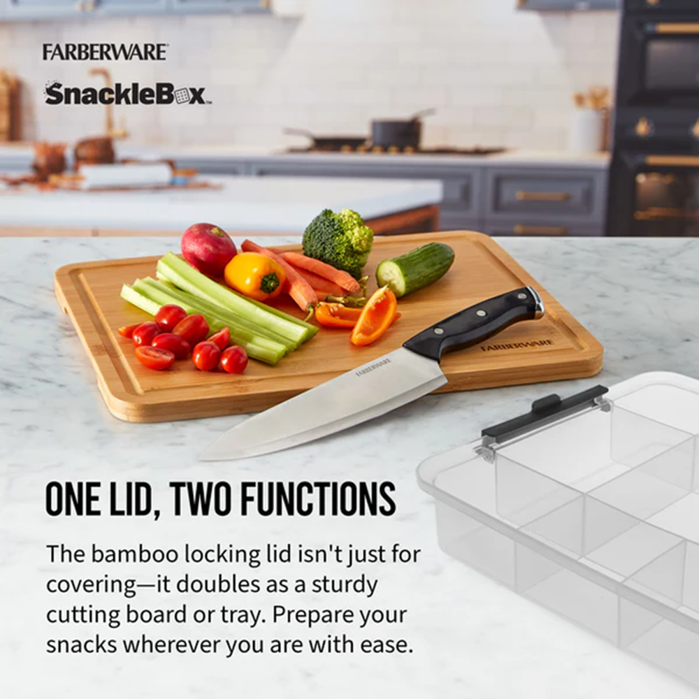 Farberware SnackleBox with cutting board and knife in a kitchen setting