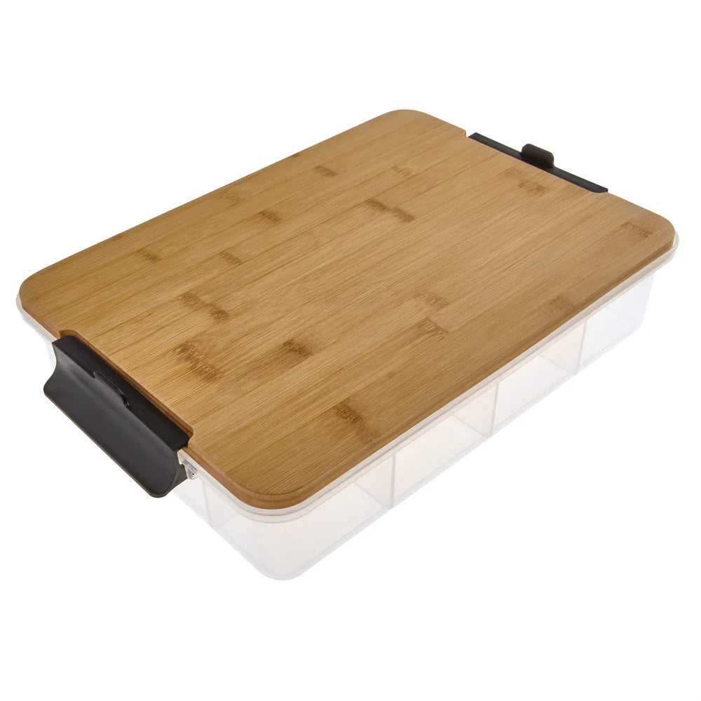 Bamboo cutting board with a clear plastic container on a white background