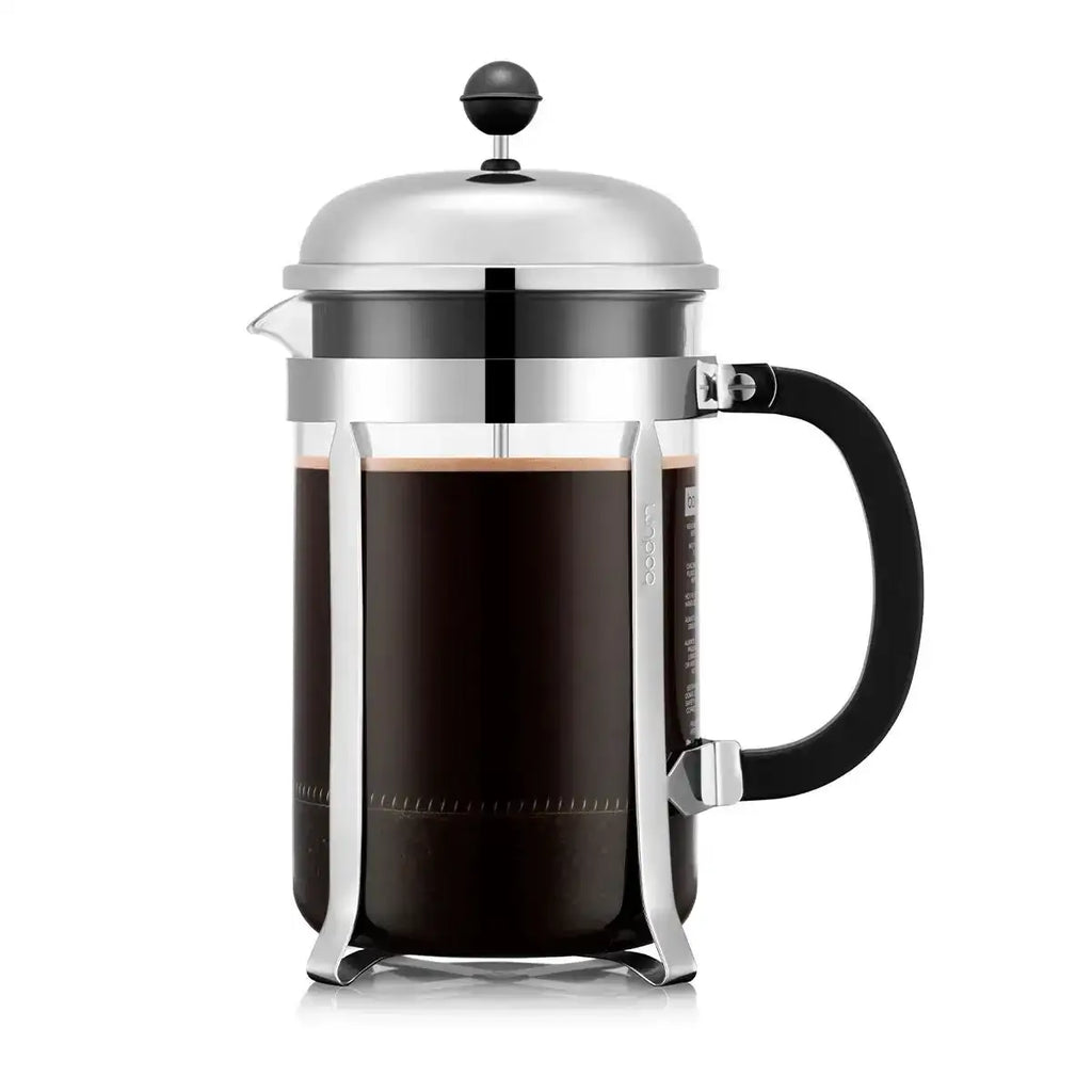 French press coffee maker with a clear container and black handle on a white background