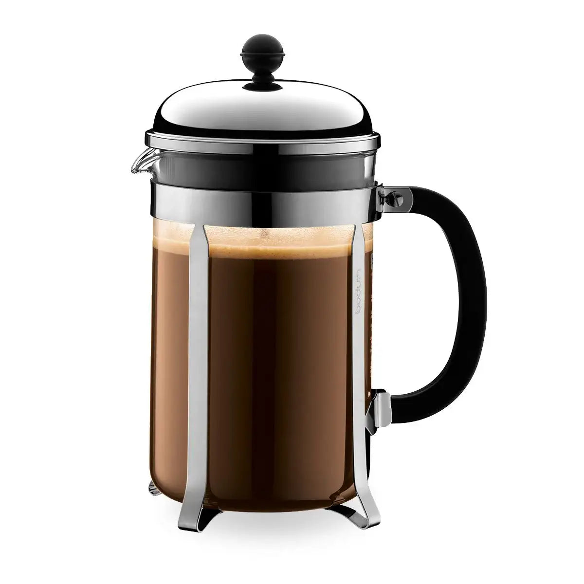 French press coffee maker with a black handle and lid on a white background
