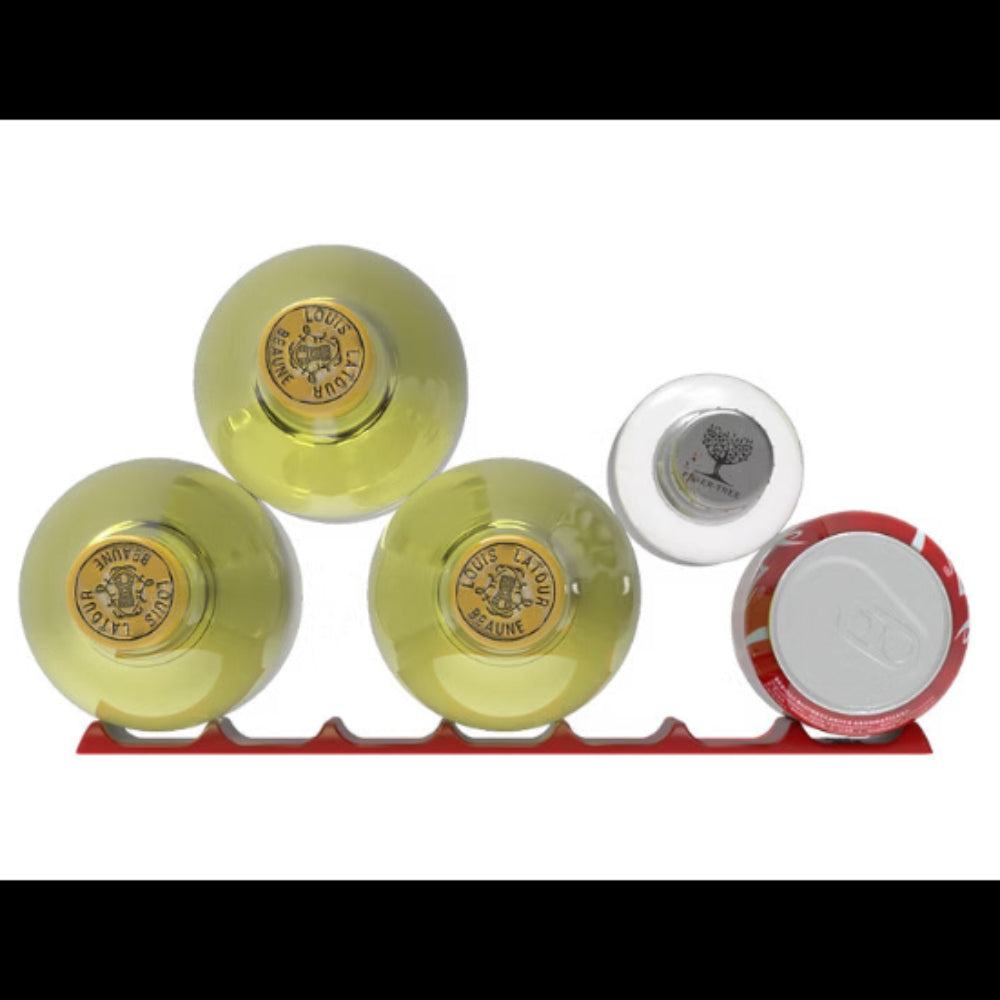 Four wine bottles on a red mat against a white background