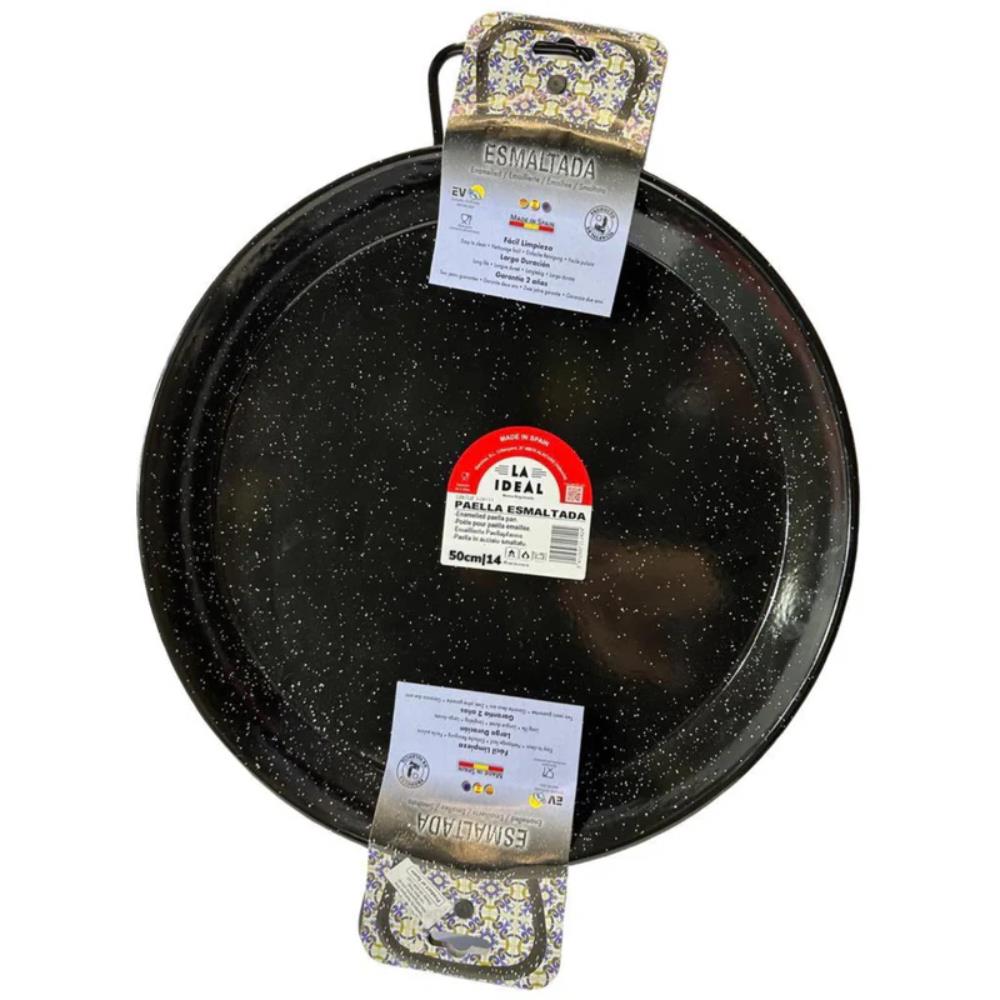 Black enameled frying pan with packaging on a white background