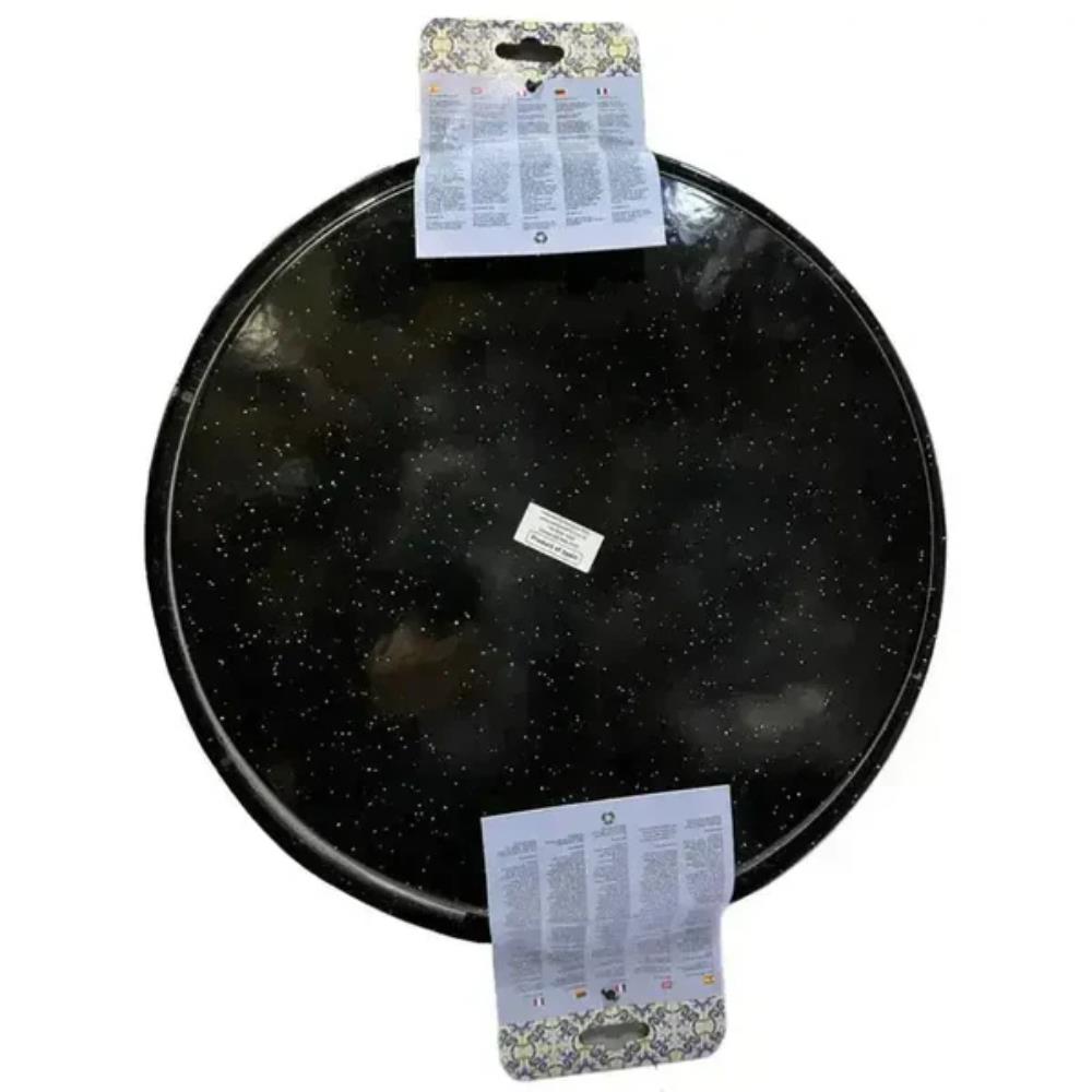 Black speckled frying pan with labels on a white background