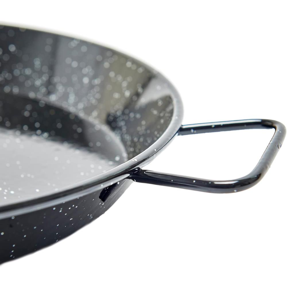 Close-up of a black speckled frying pan with a silver handle on a white background